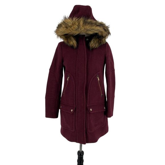 J.Crew Chateau Parka Italian Stadium Cloth Wool Coat Jacket Dark Red Womens Sz 0